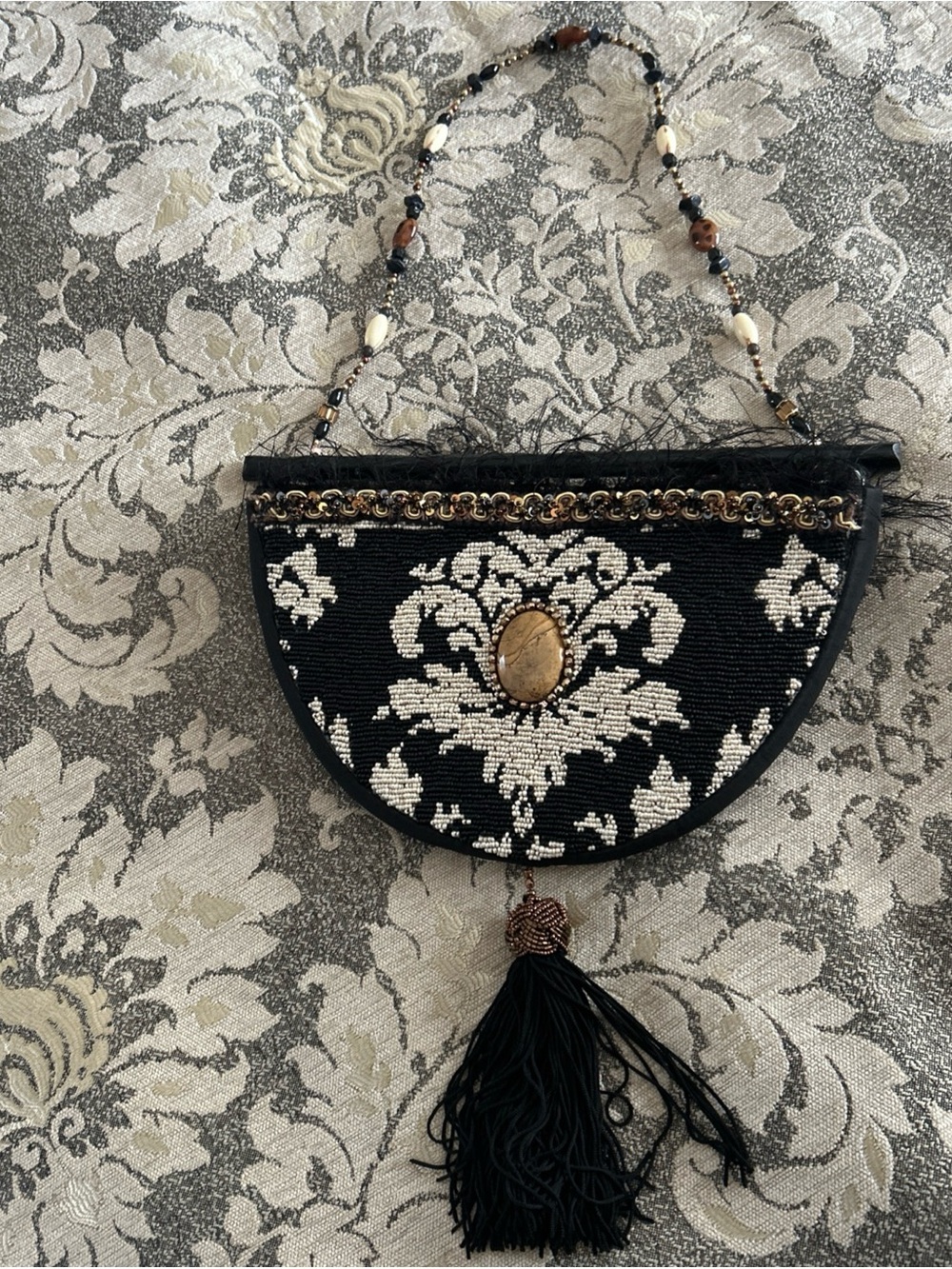 Vintage Mary Francis beaded feather tassel handbag